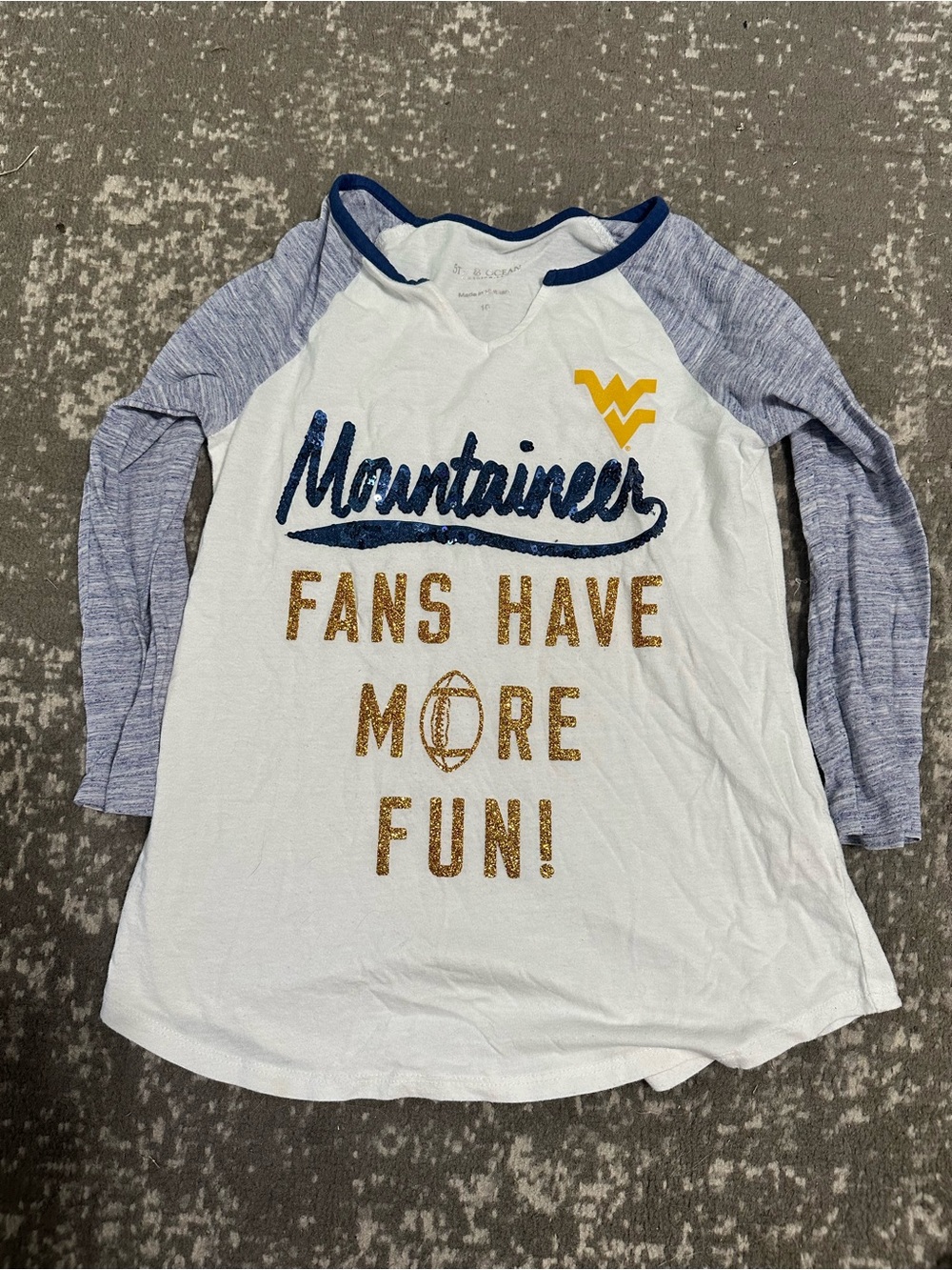 West Virginia Mountaineers Kids Raglan Tee in White and Heather Blue